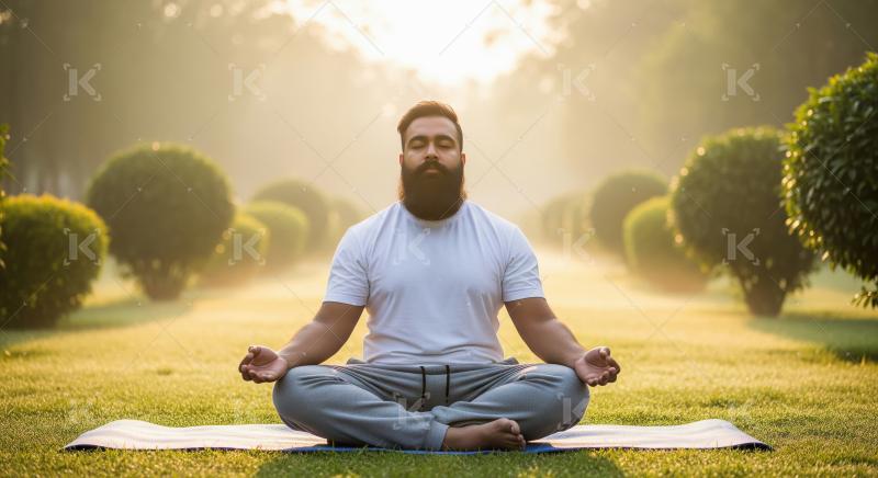 Bearded Man Meditates Peacefully in Serene Morning Park