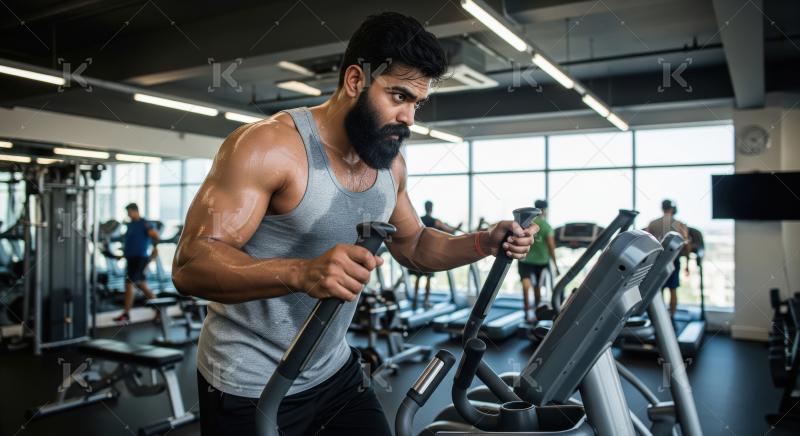 Bearded man exercising intensely on an elliptical machine in gym