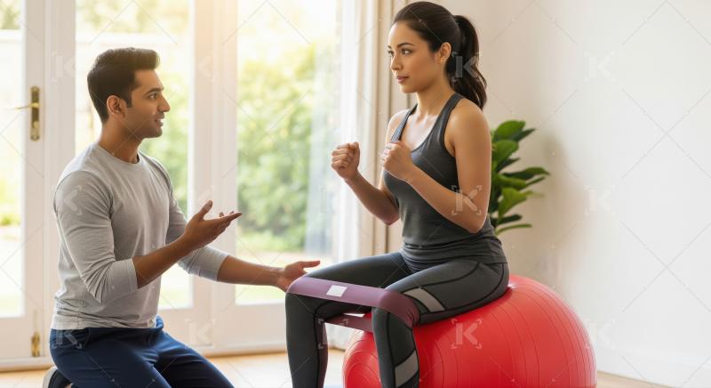 Personal trainer guiding woman with resistance band and exercise