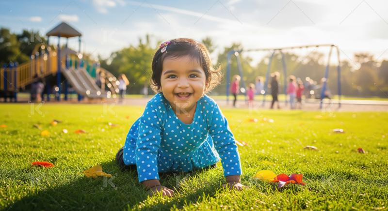 Happy baby crawling on grass in sunny park