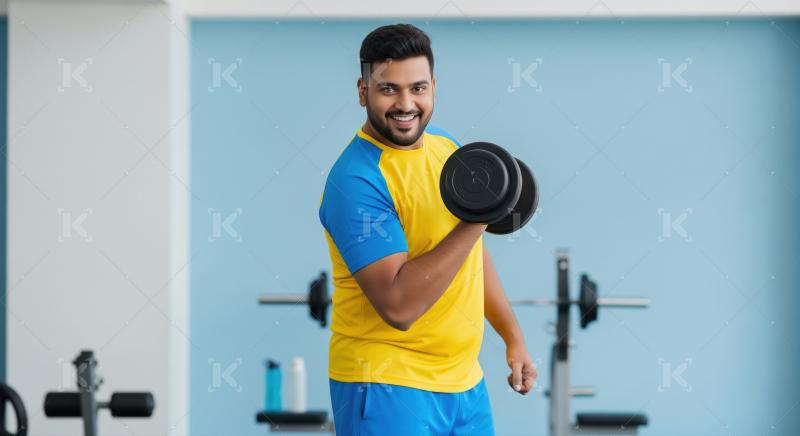Smiling Young Man Lifting Dumbbell in Modern Gym