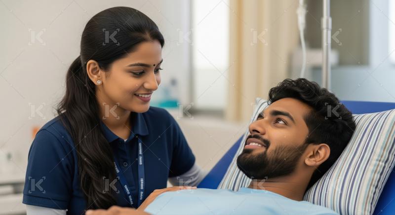 Caring Nurse Comforts Smiling Male Patient in Hospital Bed
