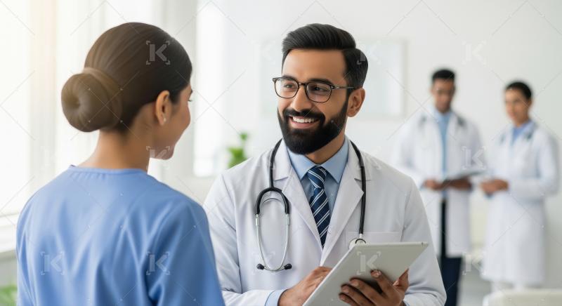 Smiling male doctor interacts with female nurse in hospital
