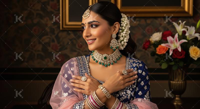 Elegant Indian woman in traditional attire and exquisite emerald
