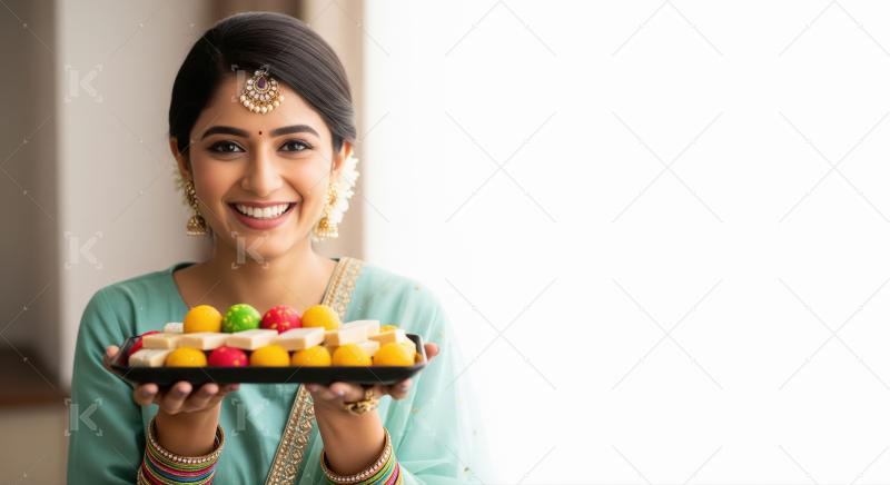 Smiling Indian Woman Presents Traditional Festive Sweets