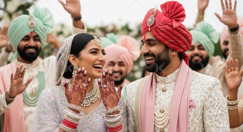 Joyful Indian Wedding Couple Celebrating with Guests