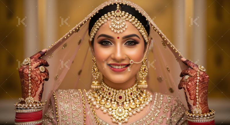 Beautiful Indian Bride in Traditional Wedding Attire and Gold Je