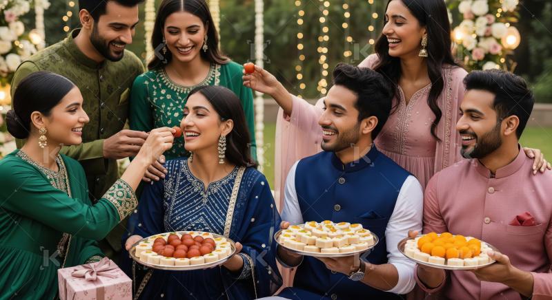 Joyful Indian friends sharing traditional sweets at a festive ce