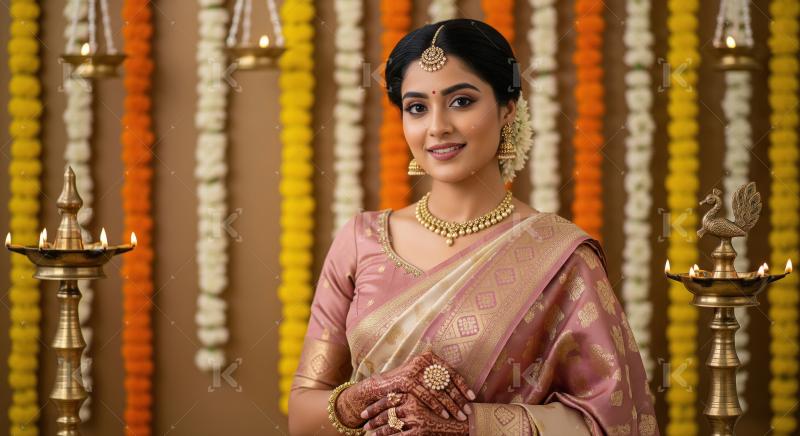 Elegant Indian Bride Posing Amidst Festive Floral Decor