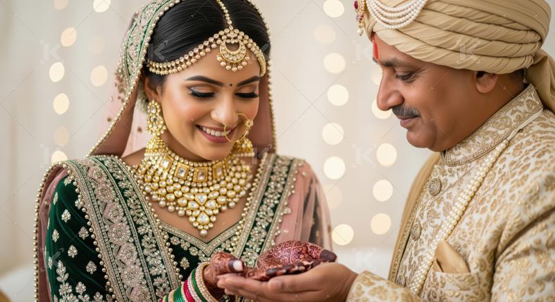 Joyful Indian bride and groom performing traditional wedding cer