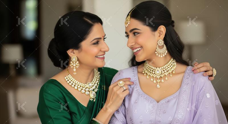 Joyful Indian women showcasing elegant traditional jewelry and a