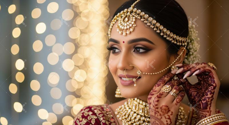 Indian Bride Adorned in Traditional Gold Jewelry and Henna