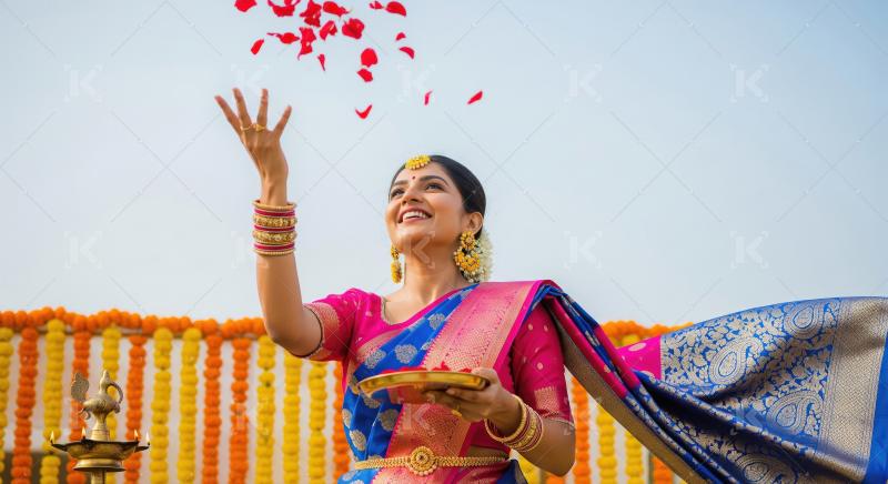 Joyful Indian woman in saree showering petals at celebration.