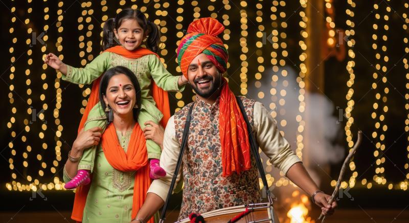 Joyful Indian Family Celebrating Festival with Dhol and Lights
