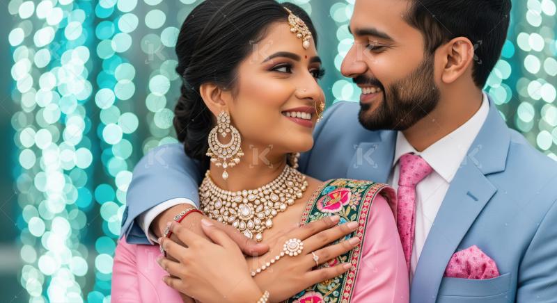 Joyful Indian Couple Embracing, Celebrating Love and Tradition