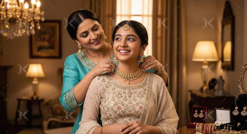 Indian Mother Helps Daughter Adorn Traditional Golden Jewelry