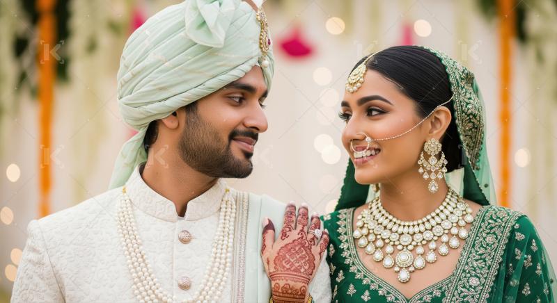 Joyful Indian Couple in Traditional Wedding Outfits