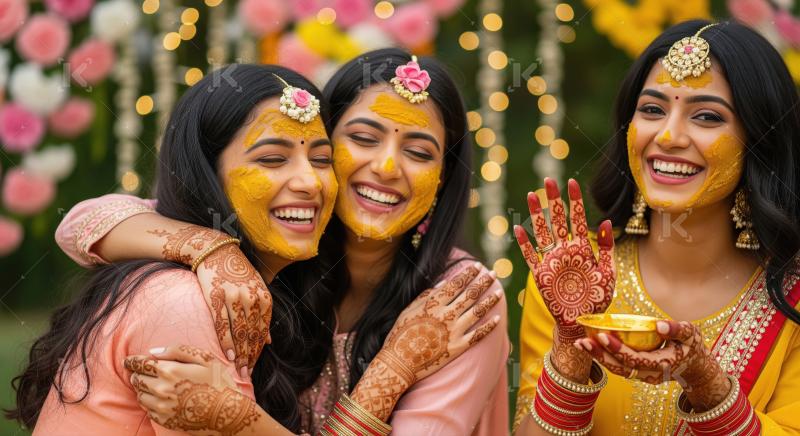 Joyful Indian Women Celebrating Haldi Ceremony with Turmeric