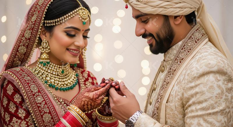 Happy Indian Couple Exchanging Rings at Traditional Wedding Cere