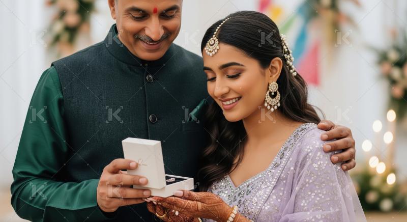 Cherished moment: Indian father presents jewelry to smiling daug