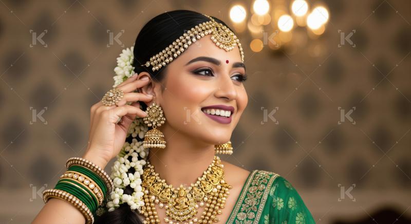 Smiling South Indian Bride Adorned in Traditional Gold Jewelry a