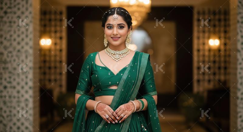 Elegant Indian Woman in Green Traditional Attire and Ornate Jewe