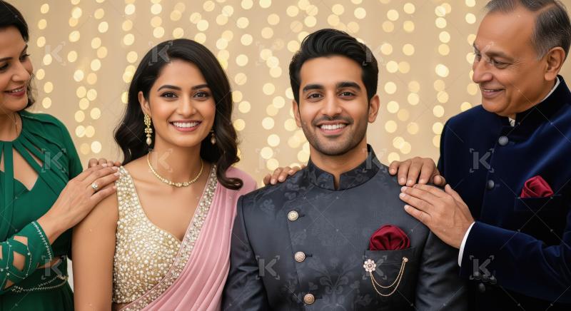 Happy Indian Couple with Parents at Festive Celebration