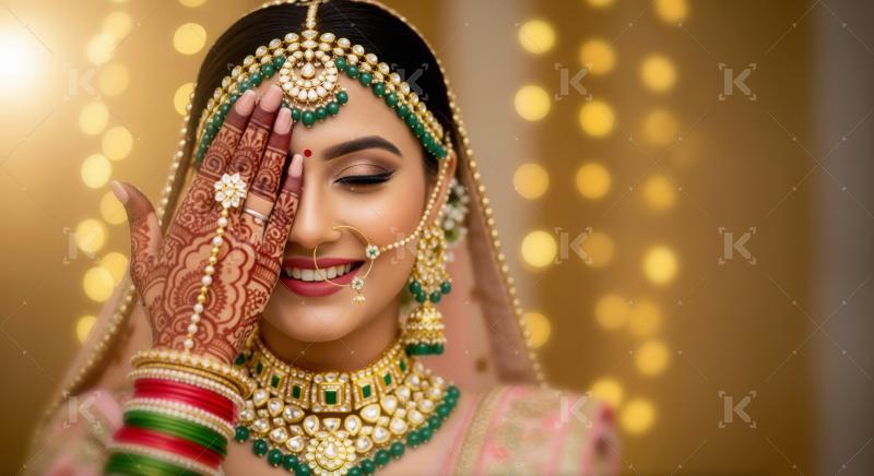 Beautiful Indian Bride Adorned in Traditional Gold and Emerald J