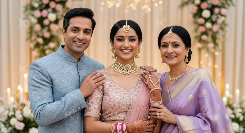 Joyful Indian family portrait celebrating a traditional wedding