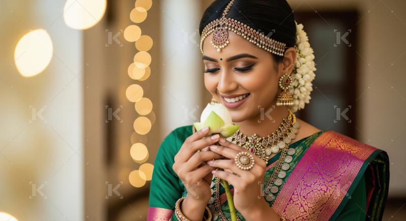 Joyful South Indian Woman Adorned in Traditional Attire Holding