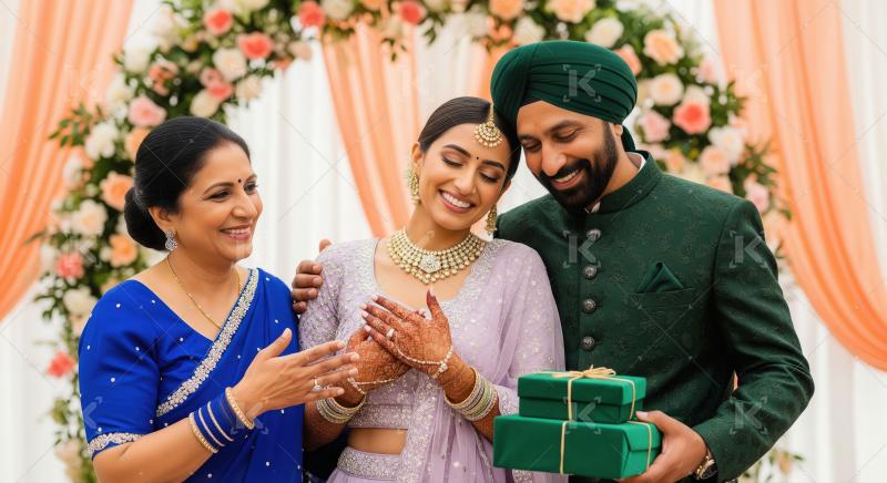 Joyful Indian Wedding Celebration with Bride, Groom, and Mother