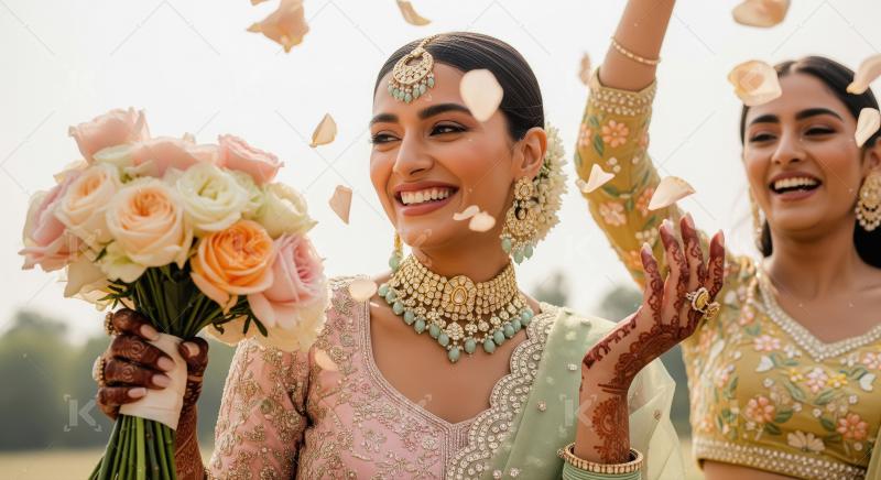 Joyful Indian Bride and Friend at Outdoor Wedding Celebration