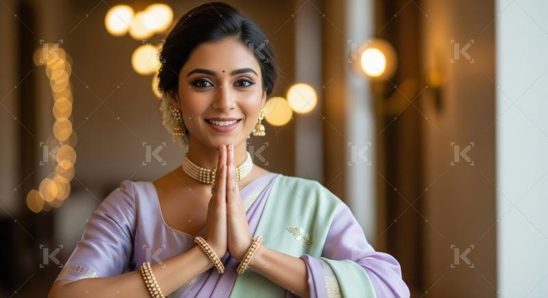 Elegant Indian Woman in Saree Performing Traditional Namaste Gre