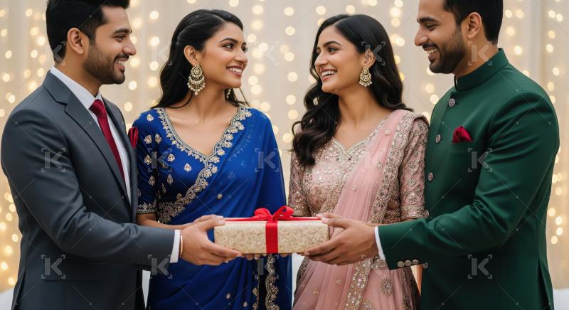 Joyful Indian couples celebrating festival, exchanging beautiful