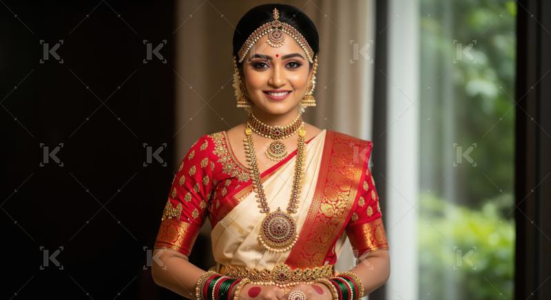Beautiful South Indian bride smiling in traditional wedding atti