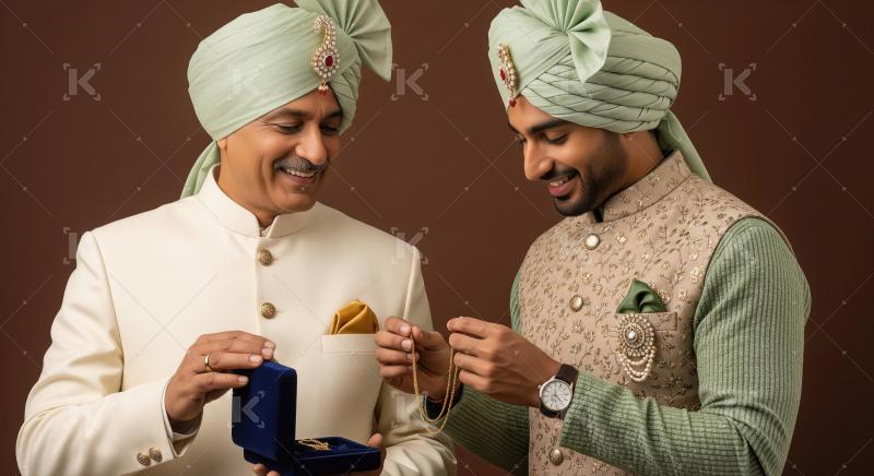 Indian Father Gifting Gold Chain to Son for Wedding Celebration