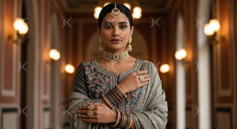 Elegant Indian woman in traditional attire and exquisite gold je