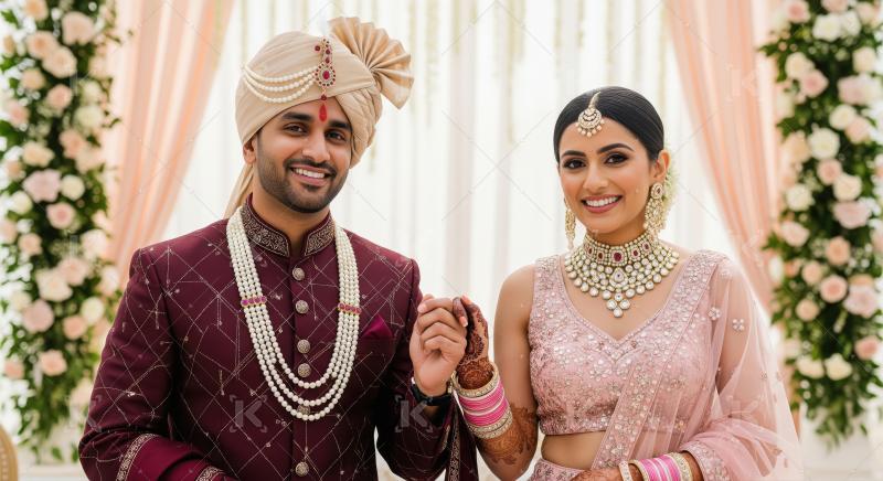 Joyful Indian Couple Smiling, Holding Hands at Wedding Ceremony