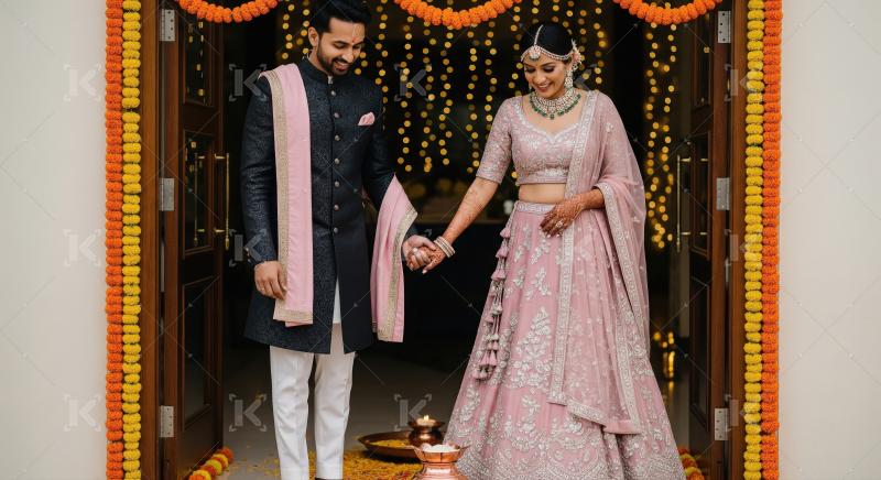 Indian Bride and Groom Hold Hands at Traditional Wedding Entranc