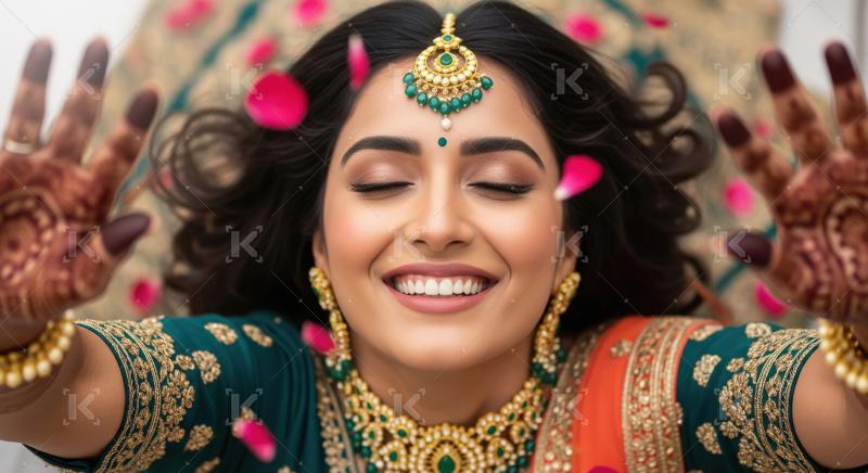 Joyful Indian Bride Adorned in Traditional Jewelry, Mehndi, and