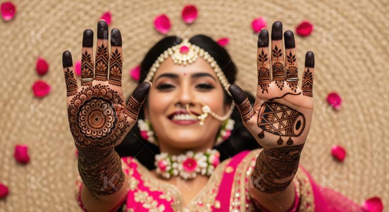 Joyful Indian Bride Displays Beautiful Henna Hands During Ceremo