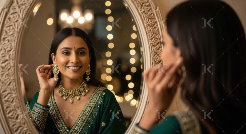 Smiling Indian Woman Adorning Traditional Jewelry in Mirror Refl