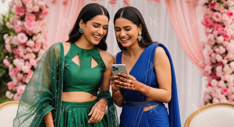 Joyful Indian Women Sharing Laughter and Smartphone at Festive E