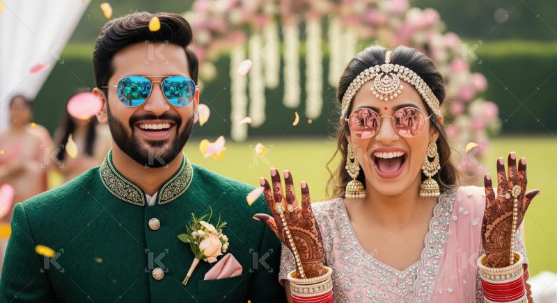 Happy Indian Wedding Couple Laughs Amidst Petal Shower