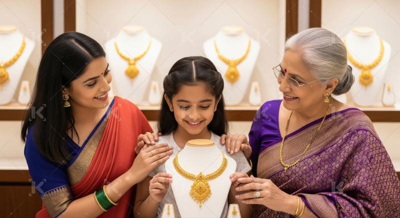 Three Generations of Indian Women Shopping for Gold Jewelry