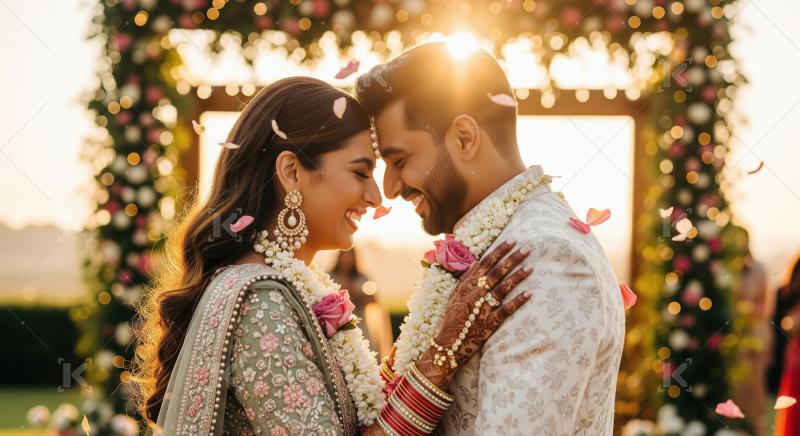 Happy Indian Couple Embracing During Beautiful Outdoor Wedding C