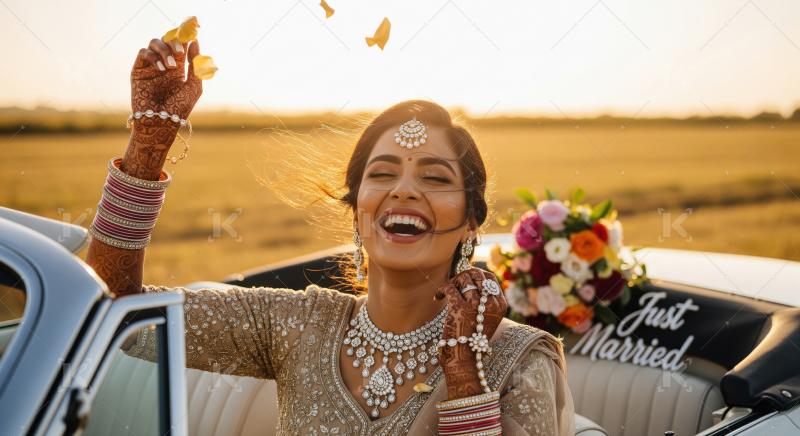 Joyful Indian bride celebrates wedding day at golden hour