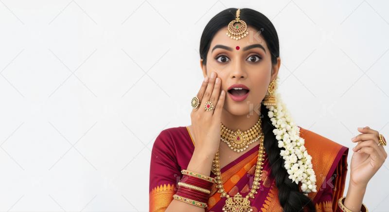 Surprised South Indian Woman Adorned in Traditional Gold Jewelry
