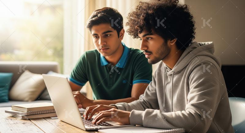 Young men collaborating on laptop, studying together indoors.
