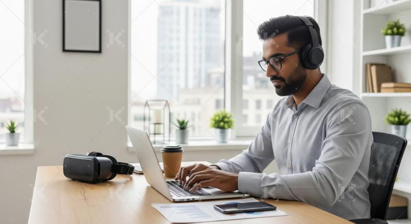 Focused young man working remotely with laptop and headphones